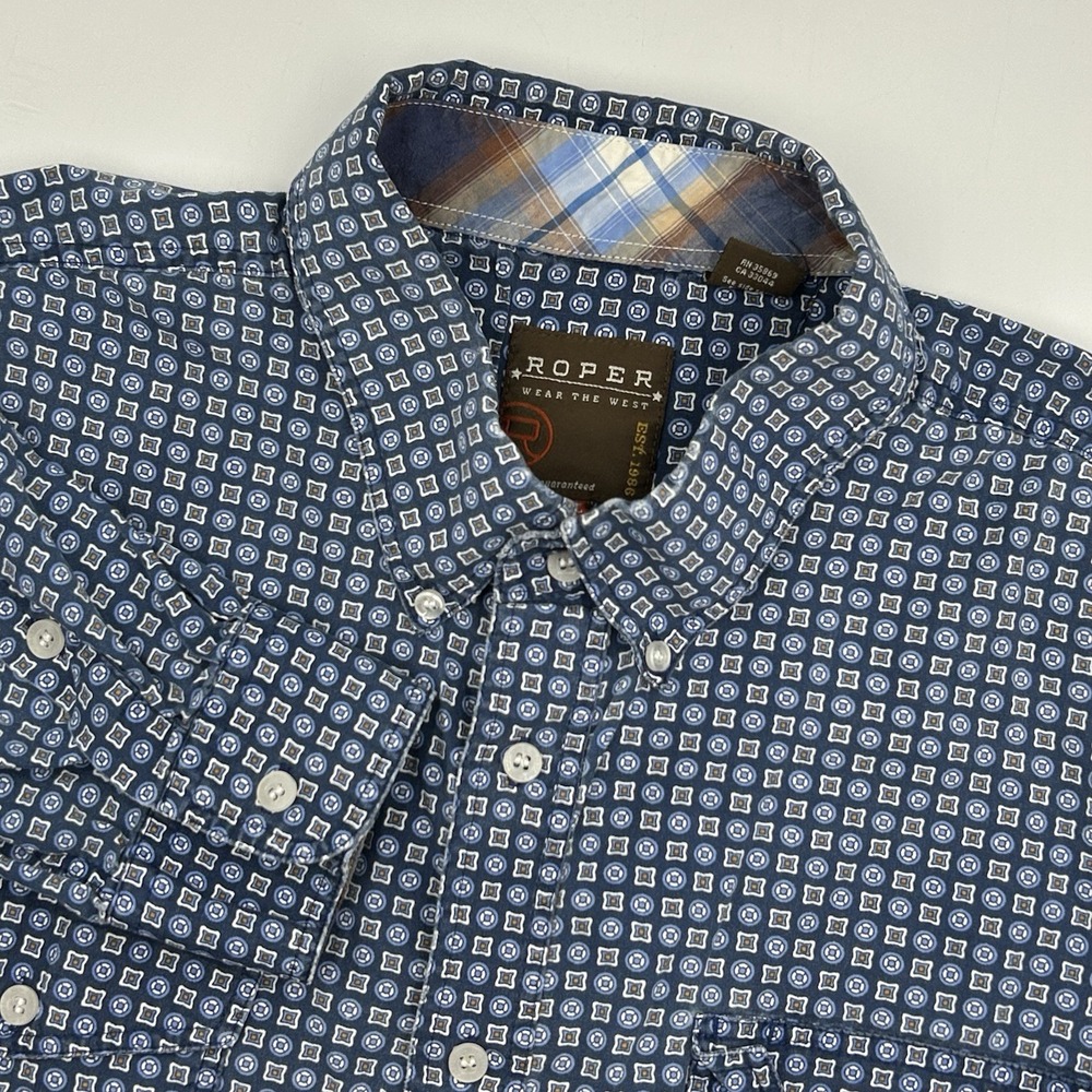 Roper Blue Button Up Collared Shirt Men's 2XL Geometrical Circles Squares‎ Rodeo